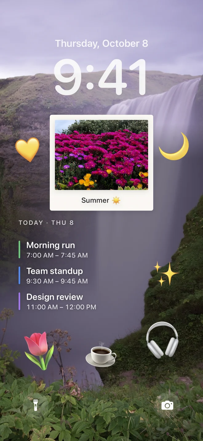 A waterfall photo wallpaper with calendar events, an instant photo and playful emoji.