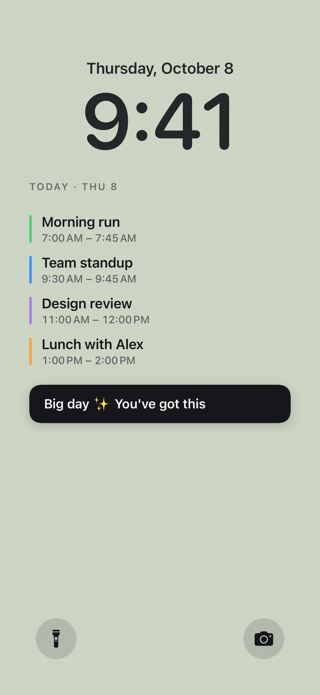 A sage green Lock Screen showing today's run, team standup, design review and lunch.